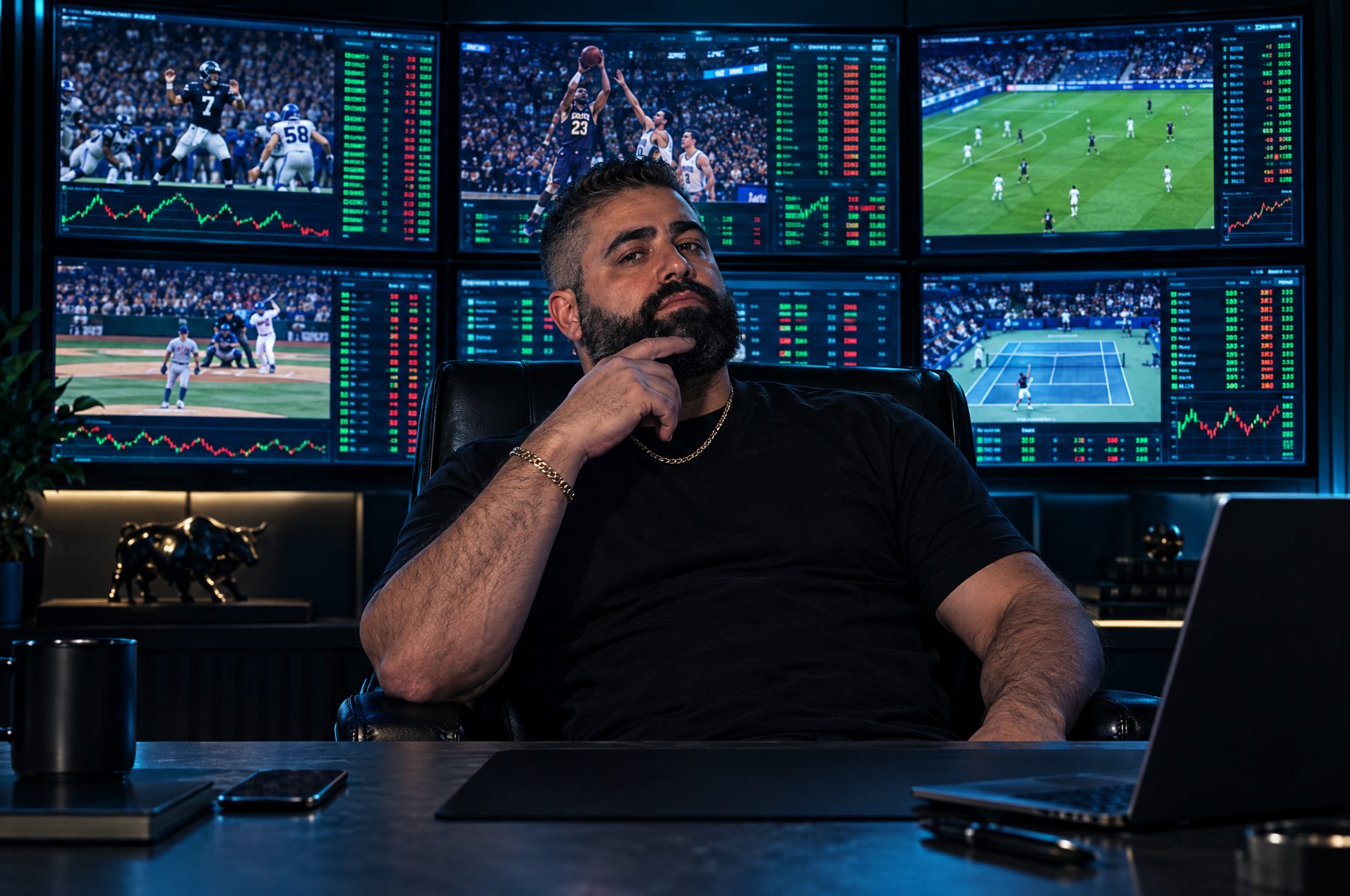 Nicky at his desk in front of six monitors of games and odds charts
